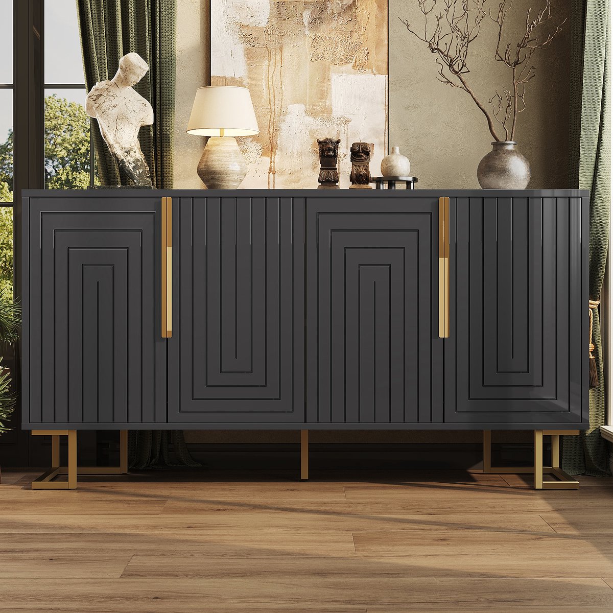 MODFU - Dressoir - Geometrisch Front - Modern - Voor Woonkamer - MDF - Zwart - 152 X 40 X 75 Cm