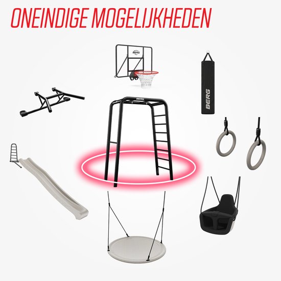 Een basketbalring, bokszak, ringen, schommel en glijbaan rondom een zwart klimrek.