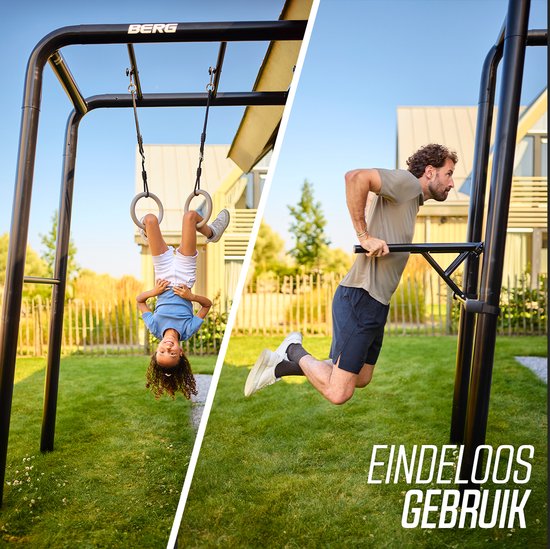 Links: een meisje hangt ondersteboven aan ringen. Rechts: een man doet dips aan een rekstok.