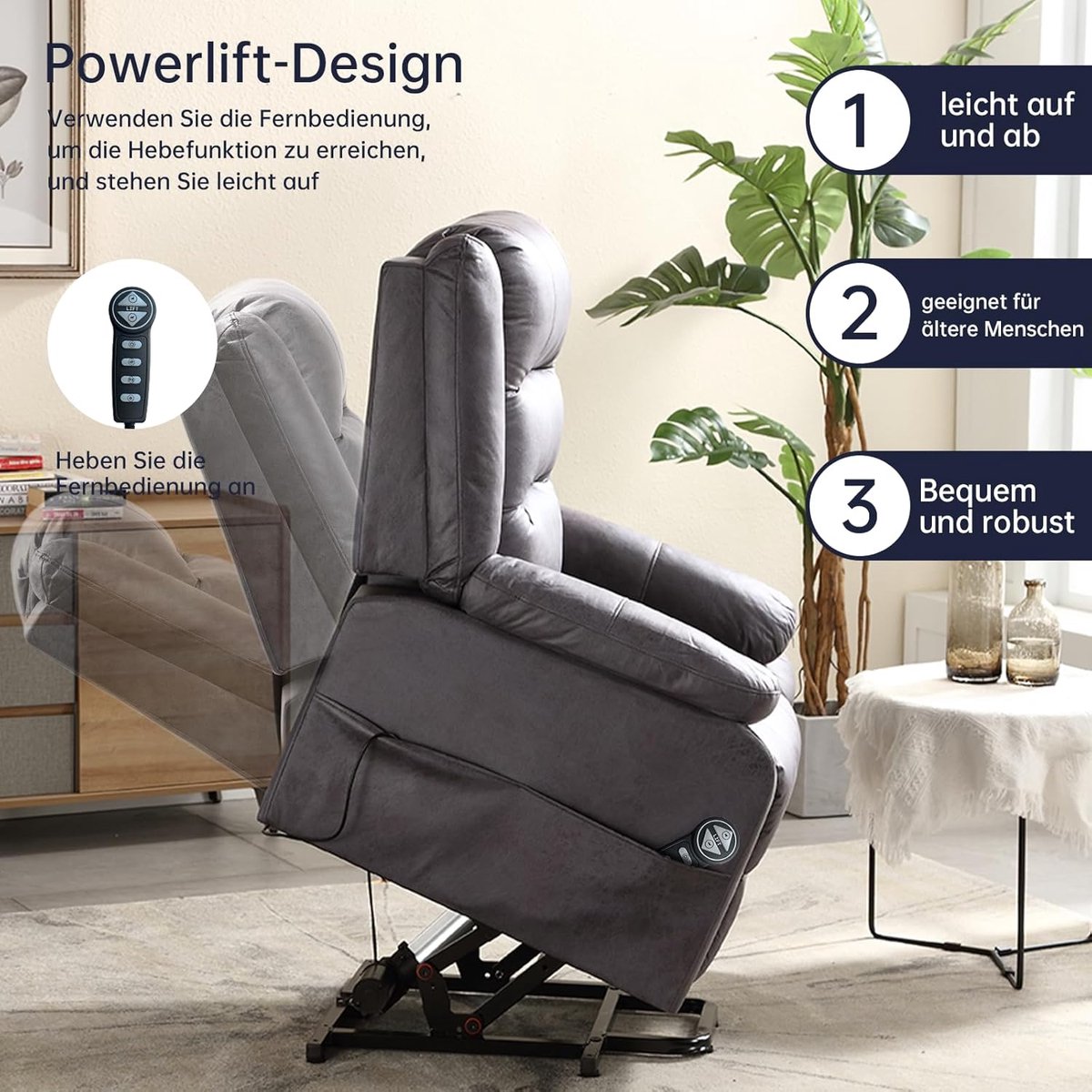 Elektrische televisiestoel 164 x 84 x 137 cm – Luxe relax- en massagestoel met sta-op functie, ligfunctie, warmte- en massagefunctie, verstelbare rugleuning en voetensteun, donkergrijs flockleer, Laura