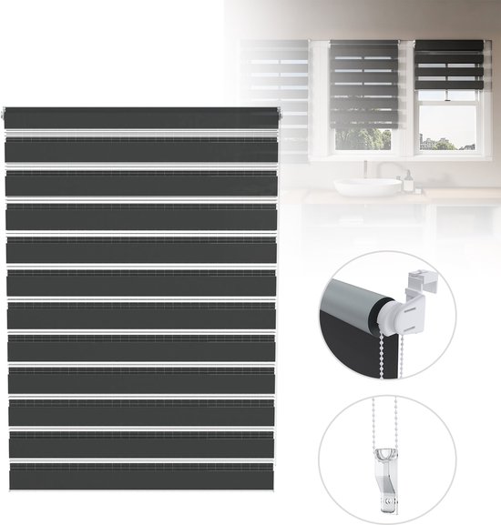 Store enrouleur Zebra – Occultant et translucide – Zwart – 90 x 150 cm – Sans Embouts – Salle de bain, salon et chambre