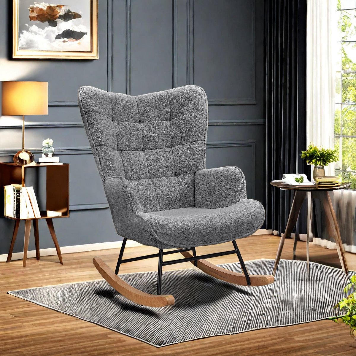 Schommelstoel van zachte pluche stof met armleuningen en rugleuningen, casual gestoffeerde stoel, modern modemeubel voor woonkamer, slaapkamer