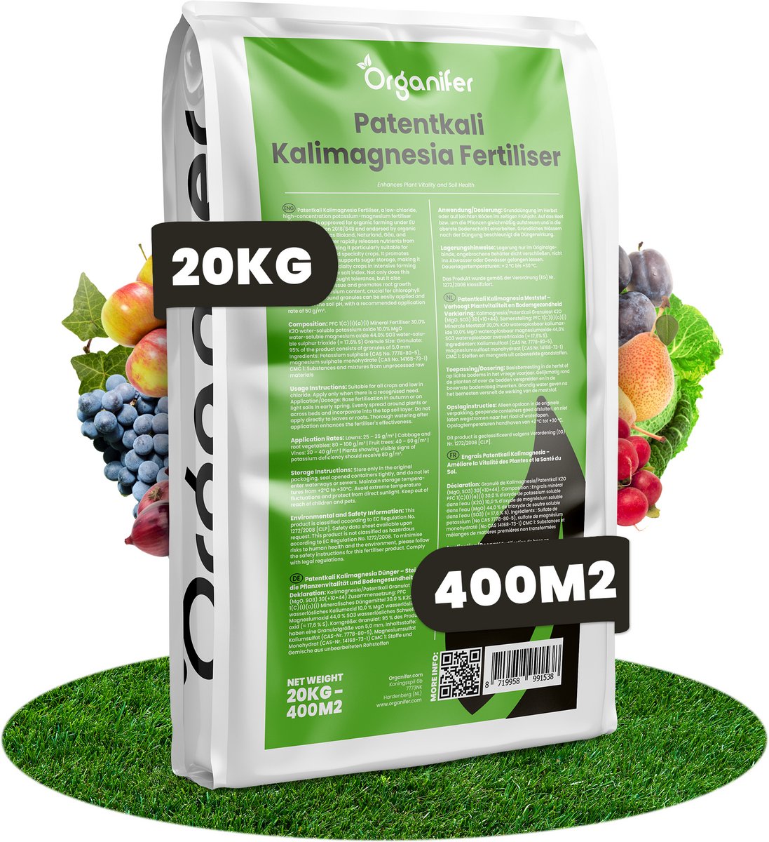 Patentkali Kalimagnesium Meststof - 20 Kg Voor 400 M2 - Bevat Natuurlijke Kieseriet - Bevordert De Wortelgroei, Winterhardheid - Rijk Aan Magnesium - Bevat Geen Stikstof - Voor Gevoelige En Speciale Gewassen - Organifer