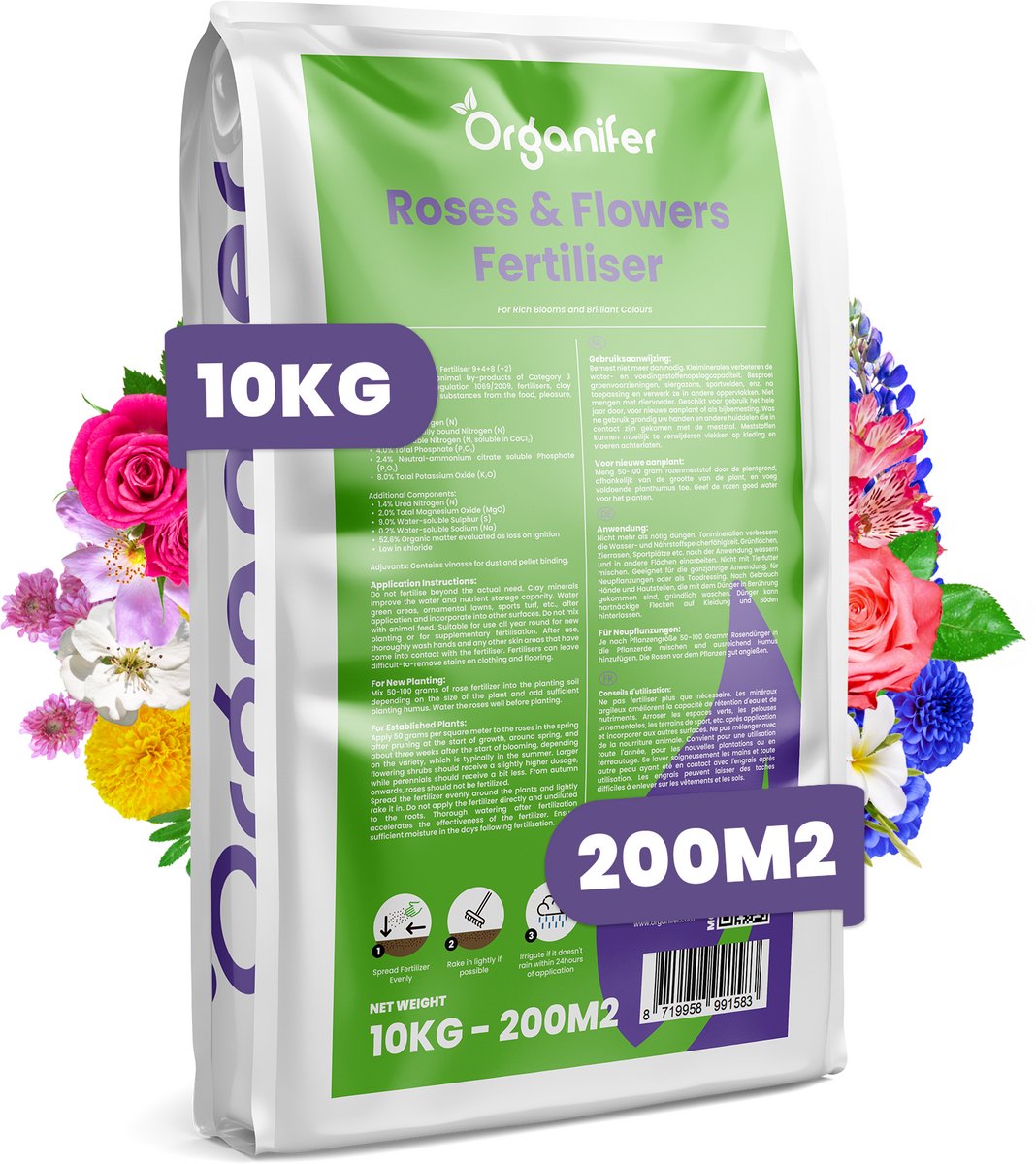 Rozen & Bloemen Meststof All-In-One - 10 Kg Voor 200 M² - Bevordert Rijke En Langdurige Bloei - Sterke Wortelgroei - Verbetert De Bodemstructuur - Langdurige Werking - Verrijkt Met Magnesium - Organifer