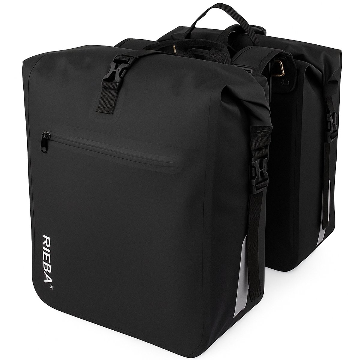 Rieba® Dubbele Fietstas 46 Liter Rolltop - Zwart - Hoogwaardig Materiaal - 100% Waterdicht - Moderne Uitstraling - Universele Bevestiging - Reflectie - Extra Voorvak - Fietstassen Stadsfiets en Elektrische Fiets