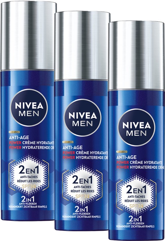 NIVEA MEN Anti-Age 2in1 Power Hydraterende Crème Gezicht - Dagcrème - Moisturizer - Normale en rijpere huid - SPF 30 - Met hyaluronzuur en Luminous630 - 3x50 ml - Voordeelverpakking
