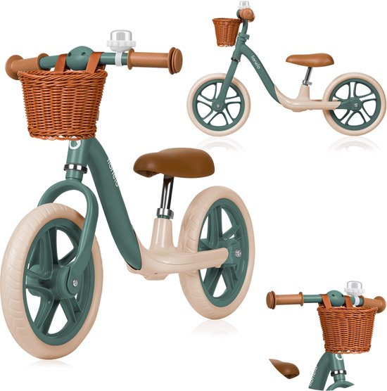 Lionelo Alex Plus – Loopfiets vanaf 3 jaar – 12” Lekvrije Banden – Verstelbaar zadel (30-35 cm) & Stuur (52-58 cm) – Met voetensteun, mandje & bel – 3,4 kg licht – Stuurbegrenzer – Antisliphandvatten – Comfortabel Zitting, Baby Fiets Leren balanceren
