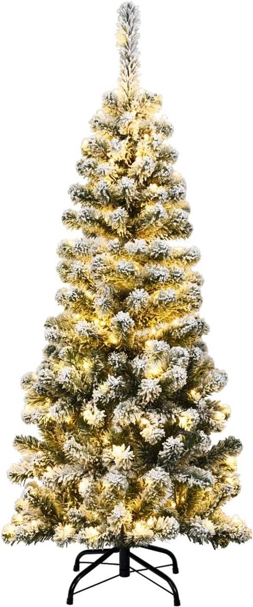 COSTWAY 135/180/225cm potlood kerstboom met sneeuw en warm witte LED verlichting, kunstkerstboom met metalen standaard, kunstkerstboom PVC naalden, kunstkerstboom vouwsysteem groen (135cm)