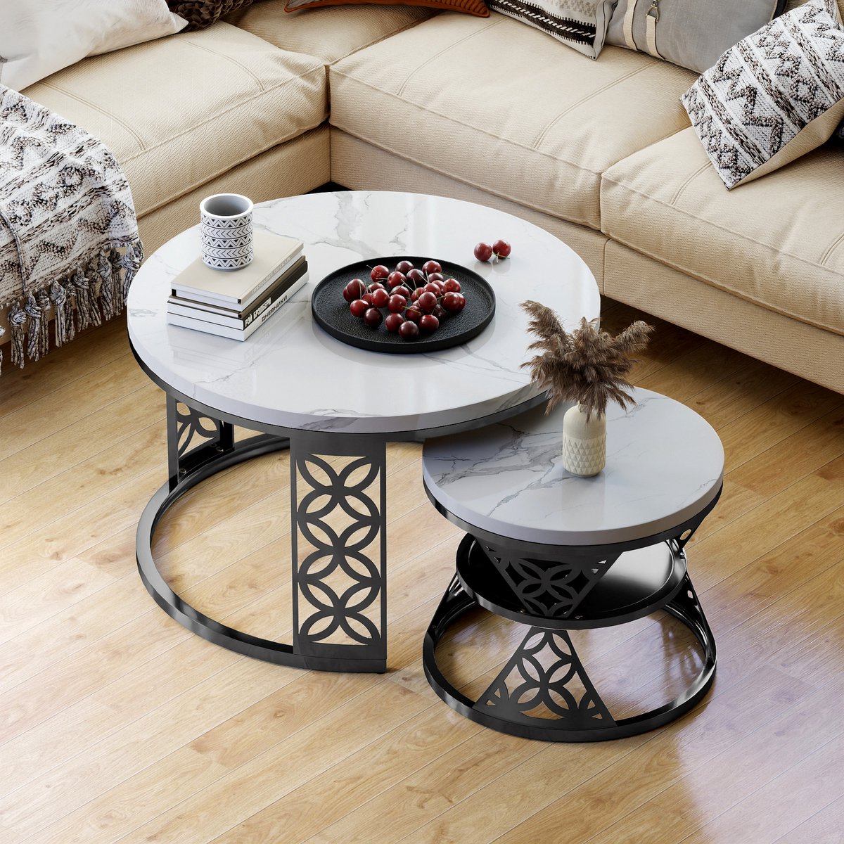 HAUSS SPOLE Rond 2-Delig Salontafelset - Hittebestendig MDF Marmorlook - Woonkamer - Voor Huishoudens - Ruimtebesparend - 70x70x45 & 45x45x37 cm - MDF + Metaal - Wit+Zwart
