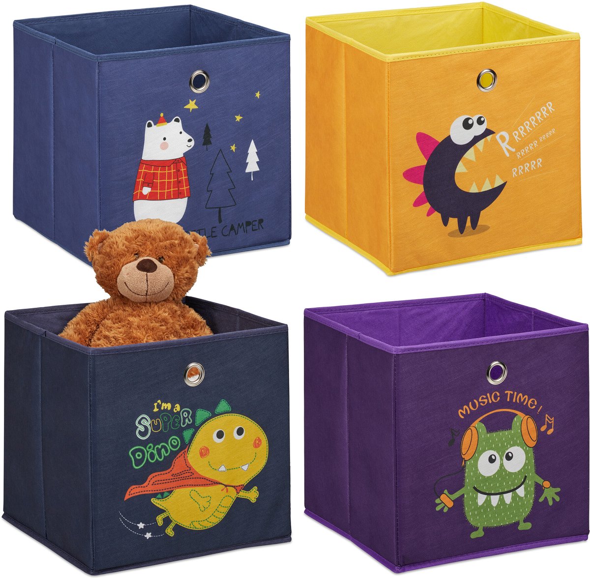 opbergmand kinderkamer - set van 4 - opvouwbaar - met print - speelgoedmand