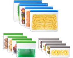 Freezer Bags - 12 Pieces Reusable - BPA Free - Food Grade PEVA - 3 Sizes - Voor Fruit, Groenten, Vlees, Snacks, Melk en Brood