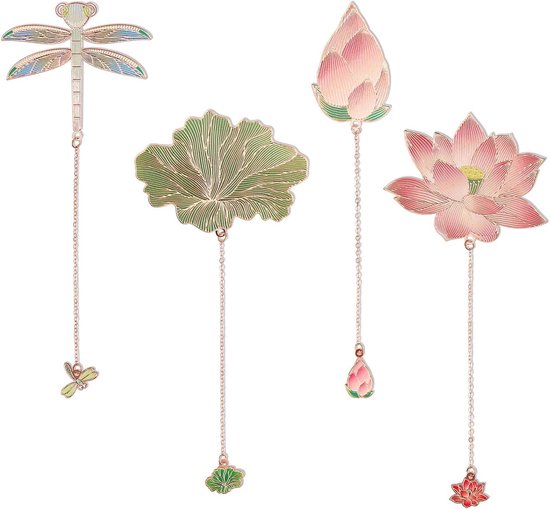 4pcs Metal Bookmarks with Necklace, Fancy Dragonfly Plant Bookmark Gifts 4 Sizes Beautiful Charm Bookmark with Gift Box for Book Lovers Readers Writers Students Women