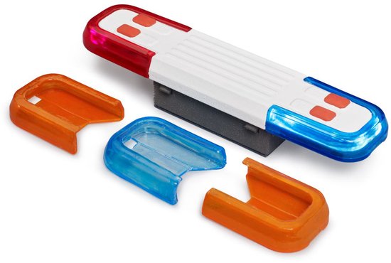 Wit lichtbalk met rode en blauwe zijkanten en rode knoppen, met oranje en blauwe clips.