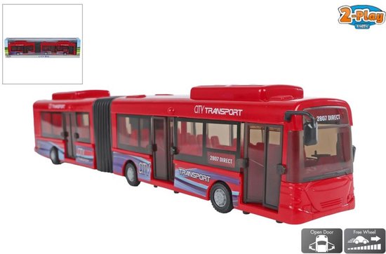 Rode gelede speelgoedbus met paarse en blauwe strepen, deuren en getinte ramen. Met 'Open Door' en 'Free Wheel' iconen.