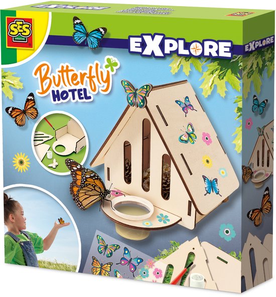 SES Creative – Explore - Vlinderhotel maken - Houten vlinderhotel om zelf te vullen – Insectenhotel - Met stickers - STEM Speelgoed