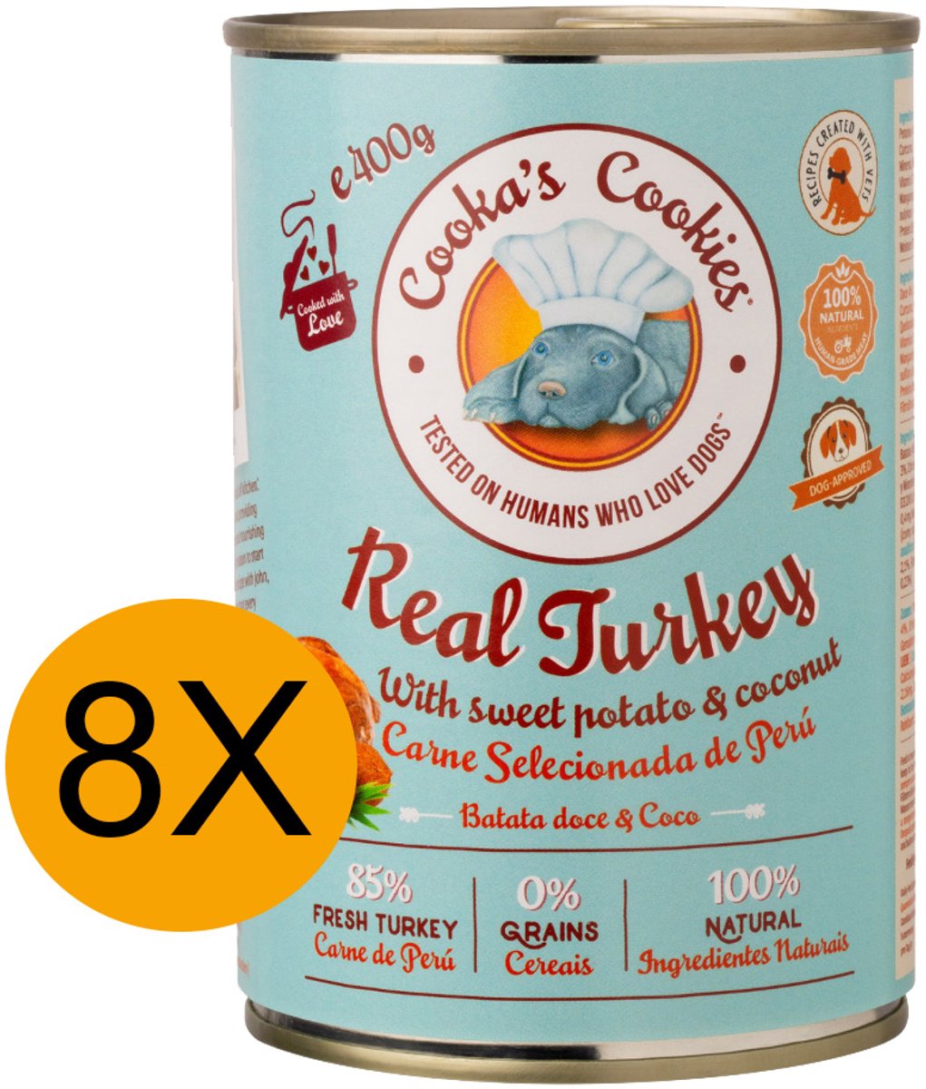 cooka's cookies Cooka's Cookies Real Turkey (kalkoenpaté met zoete aardappel en kokos) Hondenvoer - Natvoer - geen toevoegingen, geen conserveermiddelen, alleen eerlijke ingrediënten - meer dan 85% vers bereide kalkoen 8x400gr
