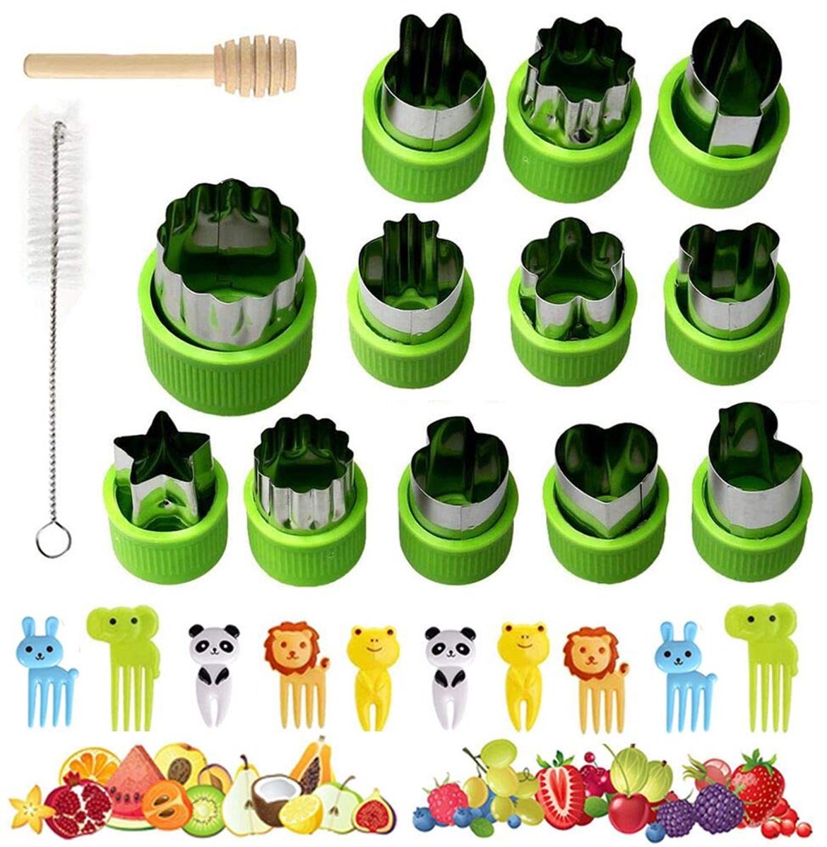 Set van 12 fruit- en groentekoekjesvormpjes met comfortabele grip, XCOZU broodkoekjesvormpje voor kinderen, koekjesvormpje van roestvrij staal voor cake, koekje en sandwich (10 prikkers, kwastje, stokje)
