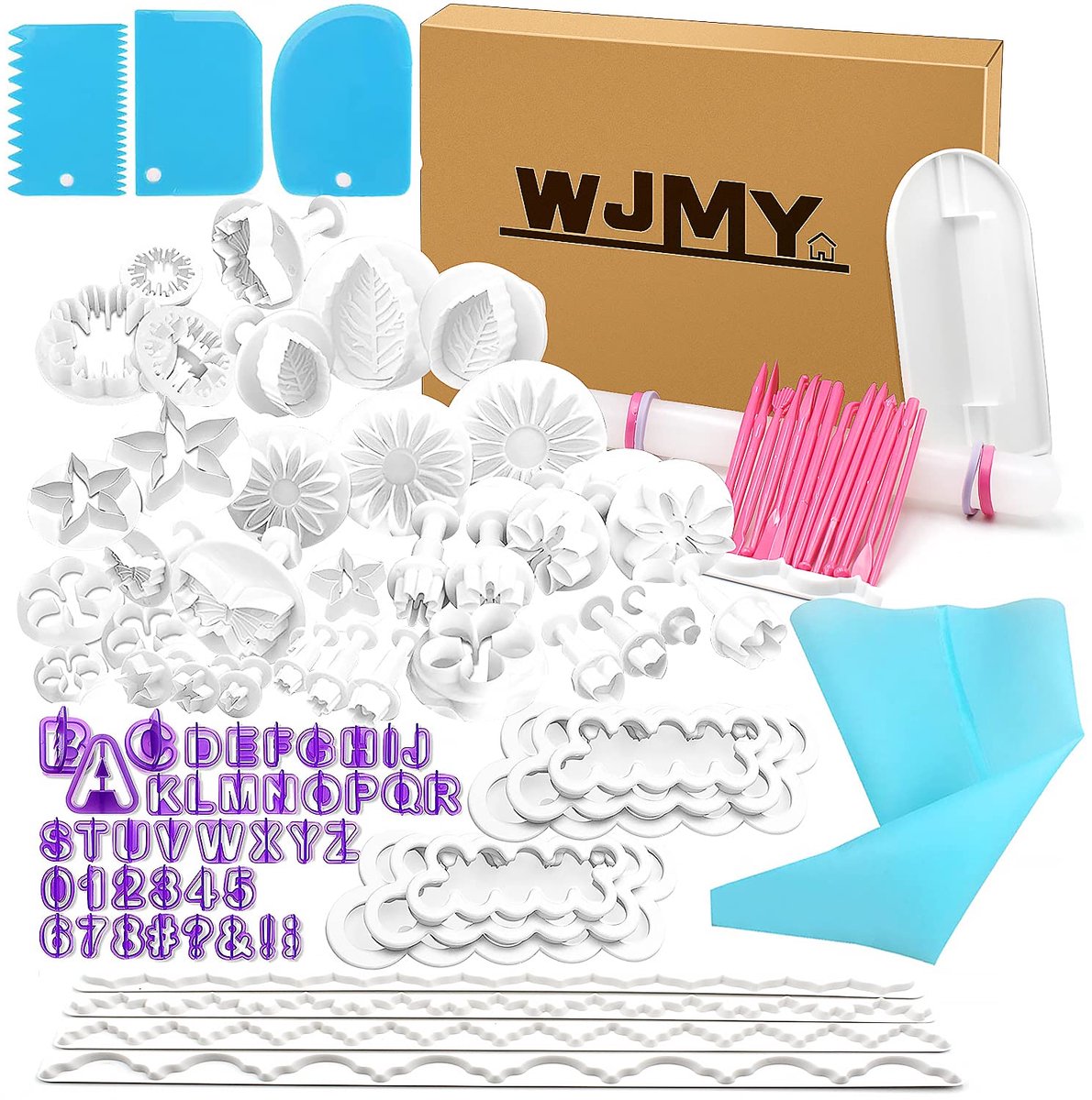WJMY Fondant Cutters 103 stuks Bakfondantset DIY Koekjesvormpjes voor letters en cijfers Rozenbloemvormenset Fondantgereedschap Ejector Stempel Modelleertool & Accessoires voor Taartdecoratie
