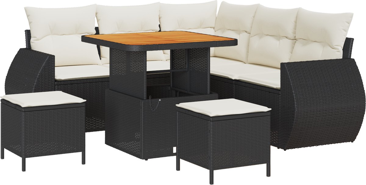 vidaXL - Tuinbank - Set - met - kussen - 8 - pcs - Zwart - en - Crème - poly - rattan