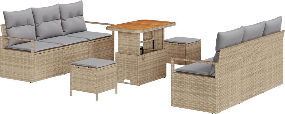 vidaXL - Tuinbank - Set - met - kussen - 9 - pcs - Beige - poly - rattan