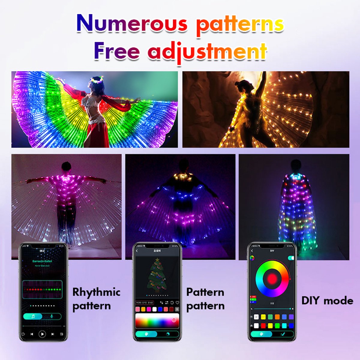 Ptesuply Engelenvleugels, oplichtende engelenvleugels en halo met LED-verlichting - 3 lichtmodi, witte engel Halloween verkleedkostuum Kerstmis cosplay feest (medium, kleurrijk