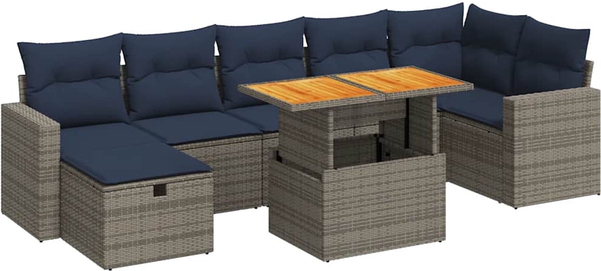 vidaXL 8-delige - Loungeset - met - kussens - poly - rattan - acacia - bruin Grijs