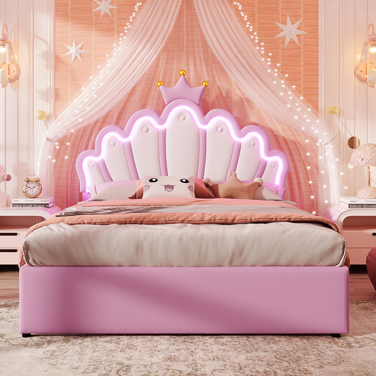 KOMHTOM Kinderbed met 2 lades Dubbel bed 140x200 cm afstandsbedienbare sfeerverlichting prinsessenbed in kroonvorm verstelbare hoofdeinde PU roze