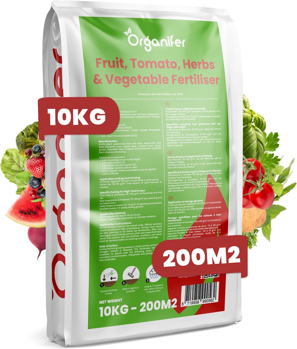 Fruit-, Tomaten-, Kruiden- En Groenten Meststof All-In-One - 10 Kg Voor 200 M² - Verbetert De Opbrengst, Smaak En Kwaliteit Van Eetbare Gewassen - Stimuleert De Wortelvorming - Voorkomt Schade Zoals Bladverbranding