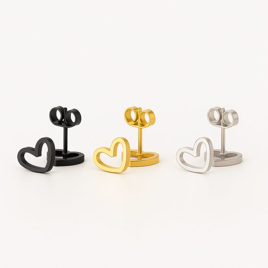 Set van 3 paar hartvormige oorstekers voor dames – Open design in zwart, zilverkleurig en goudkleurig – Minimalistische oorknopjes met stekersluiting