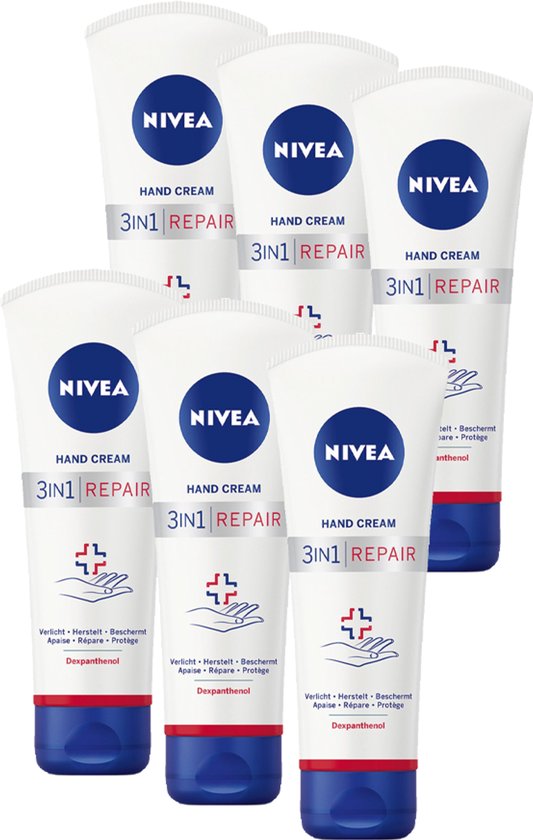 NIVEA 3-in-1 Repair Handcrème Droge Handen - Handverzorging - Hand Cream - 24 uur lange hydratatie - voor de droge huid - 6 x 100ml