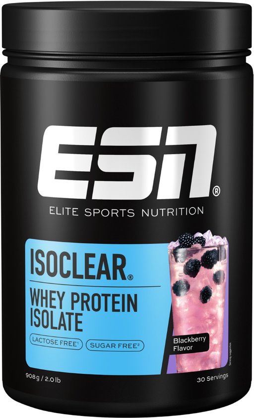 Zwarte pot met ESN ISOCLEAR WHEY PROTEIN ISOLATE, lactosevrij, suikervrij, Blackberry smaak. 908g.