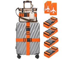 Boxed Kofferriem Met Kofferlabel - 6 Stuks - 4 Kofferband en 2 Bagagelabel - Bagageriem - Koffer Riem - Verstelbaar - Reisaccessoires - Oranje