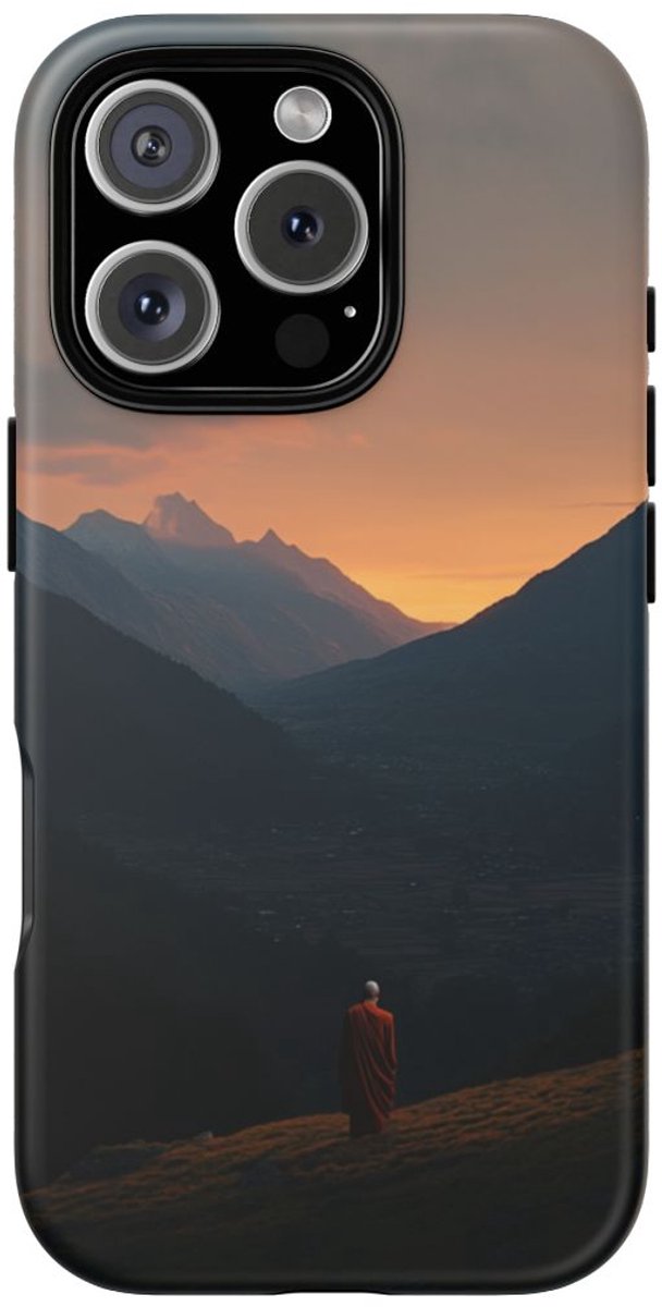 Monnik in Bergdal bij Zonsopkomst – Telefoonhoesje Geschikt voor iPhone 16 Pro