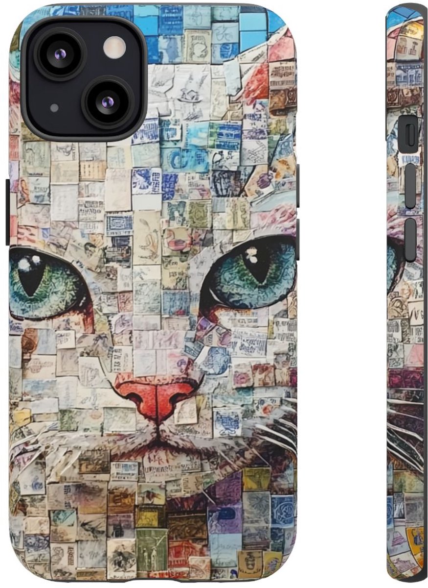 Kattengezicht Collage met Blauwe Achtergrond – Telefoonhoesje Geschikt voor iPhone 13