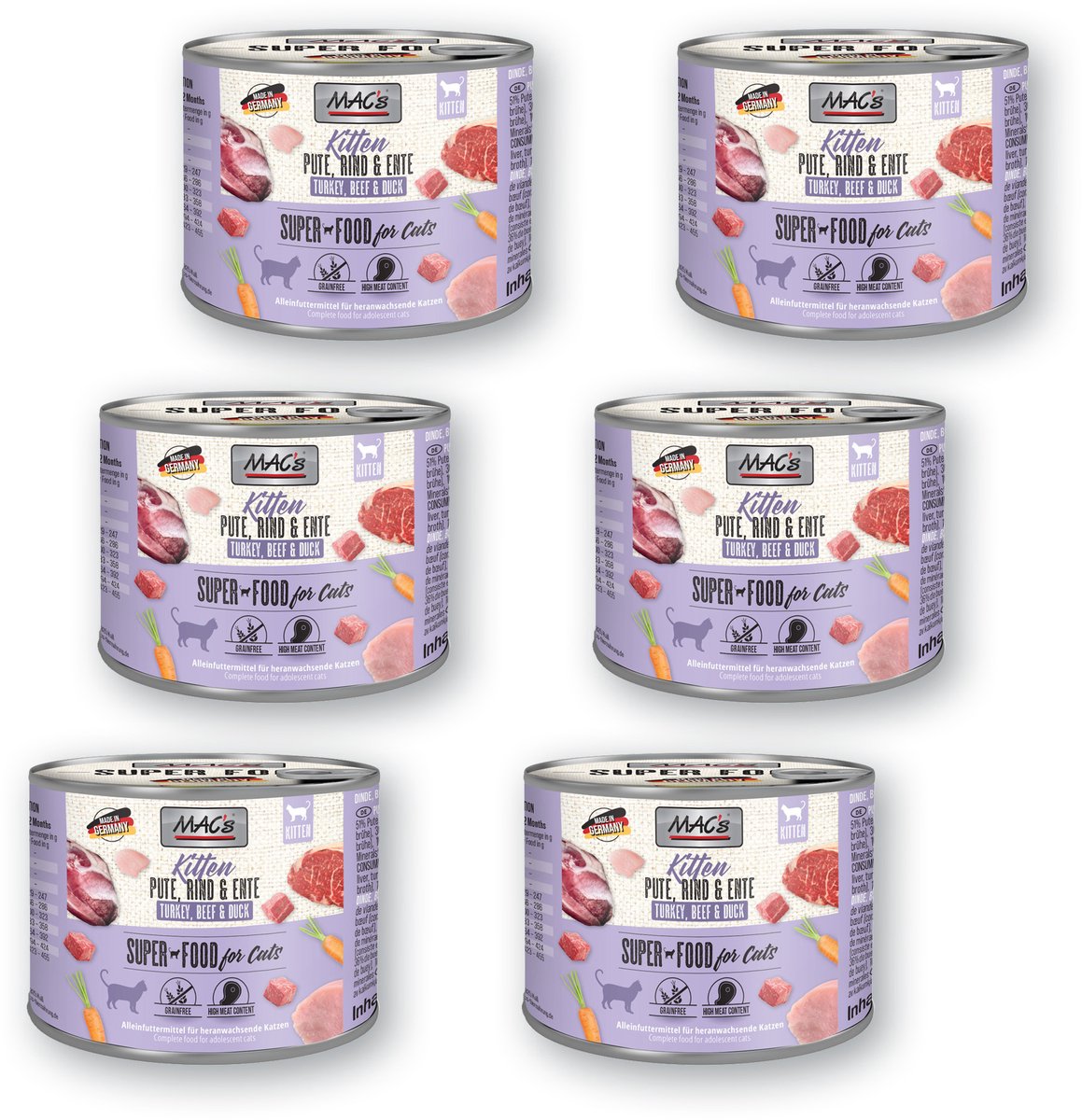 MACs MAC's Kittenvoer Natvoer Blik 97% Kalkoen, Rund en Eend 6 x 200g