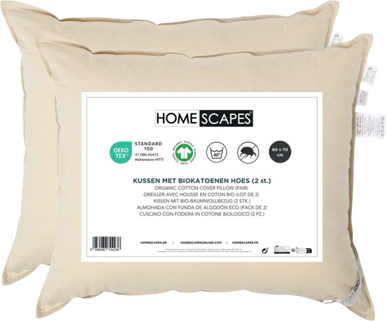 Homescapes Hoofdkussens 60x70 cm – Set van 2 – GOTS Biokatoen & Supermicrovezel – OEKO-TEX® – Hypoallergeen & Ademend – Voor Rug- & Zijslapers