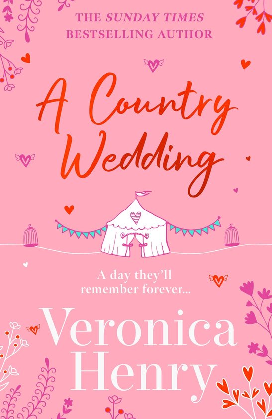 Boekcover met de titel 'A Country Wedding' in rode sierlijke letters op een roze achtergrond. Een tent met vlaggetjes staat centraal.