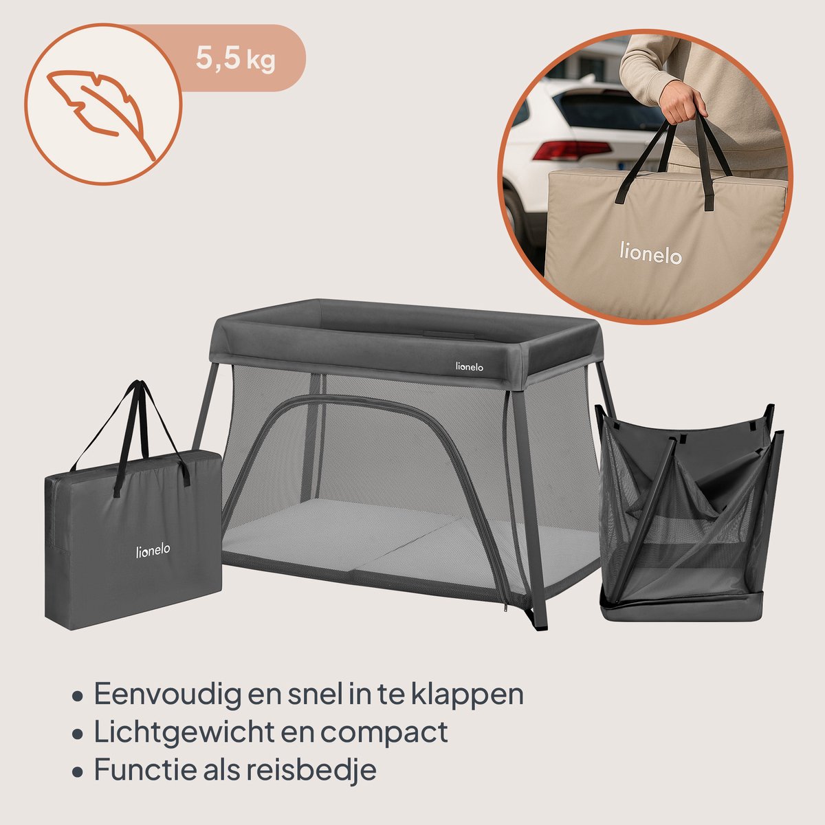 Lionelo Alice 3-in-1 Babybedje - Compact en Lichtgewicht thumbnail 2