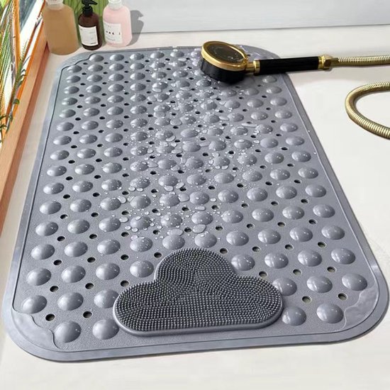 Tapis de douche antidérapant 90 x 60 cm avec ventouses - Tapis de douche confortable - Lavable en machine - Gris