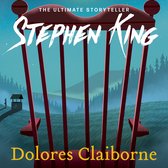 Boek "Dolores Claiborne" van Stephen King met een rode stoel op de voorgrond, een waterput en een silhouet op de achtergrond.