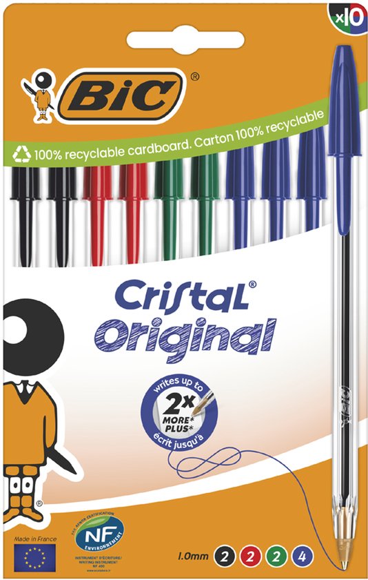 Verpakking met 10 BIC Cristal Original pennen in verschillende kleuren: zwart, rood, groen en blauw.