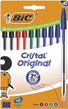 Verpakking met 10 BIC Cristal Original pennen in verschillende kleuren: zwart, rood, groen en blauw.