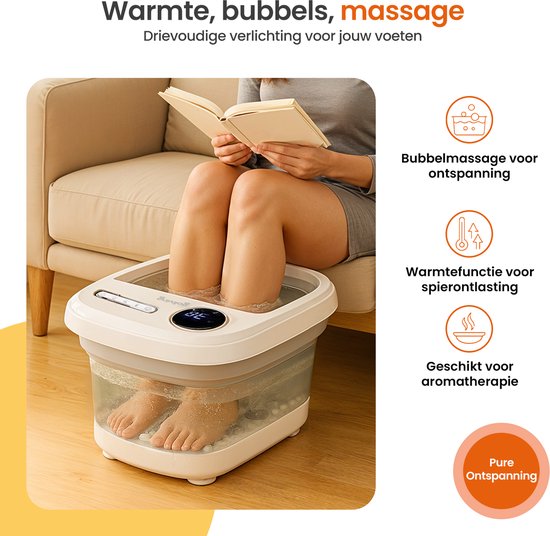Vrouw leest een boek terwijl ze zit met haar voeten in een wit en grijs voetenbad met bubbels. Iconen tonen bubbelmassage, warmtefunctie en aromatherapie.