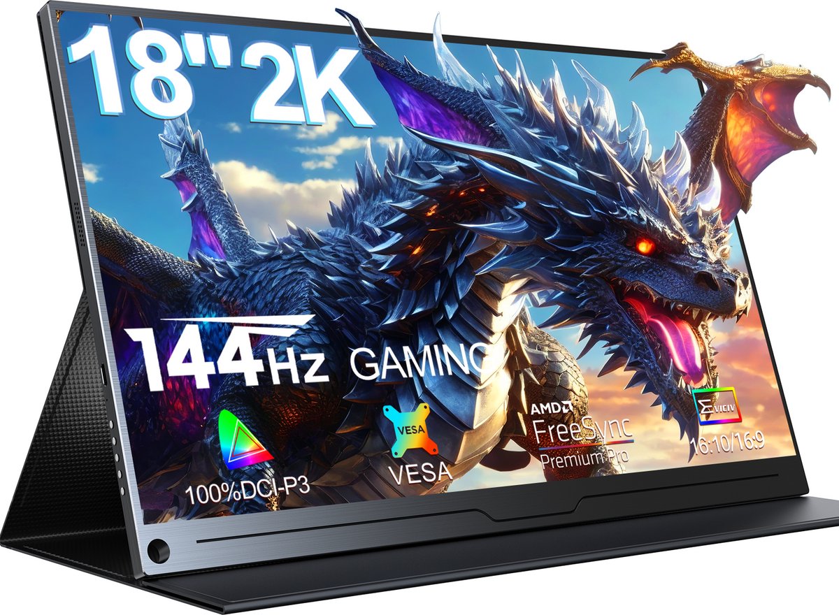 UPERFECT Portable Monitor J02 18.0" 2560*1600 HDMI:120Hz TYPE-C:144HZ draagbaar monitor IPS 100% DCI-P3 draagbaar scherm with Dual USB-C/VESA Mount,for Laptop/Switch/MacBook (VESA Mount )