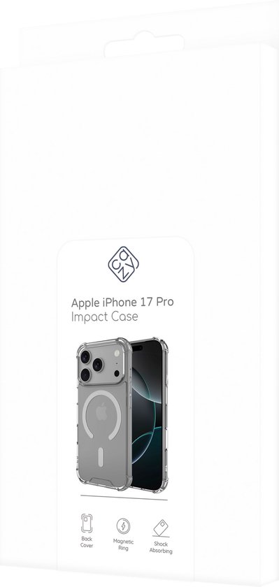 Verpakking voor Cazy Impact Shockproof Case voor iPhone 17 Pro met MagSafe. Toont transparante hoes, hoes met deksel, Magneetring en schokabsorptie.
