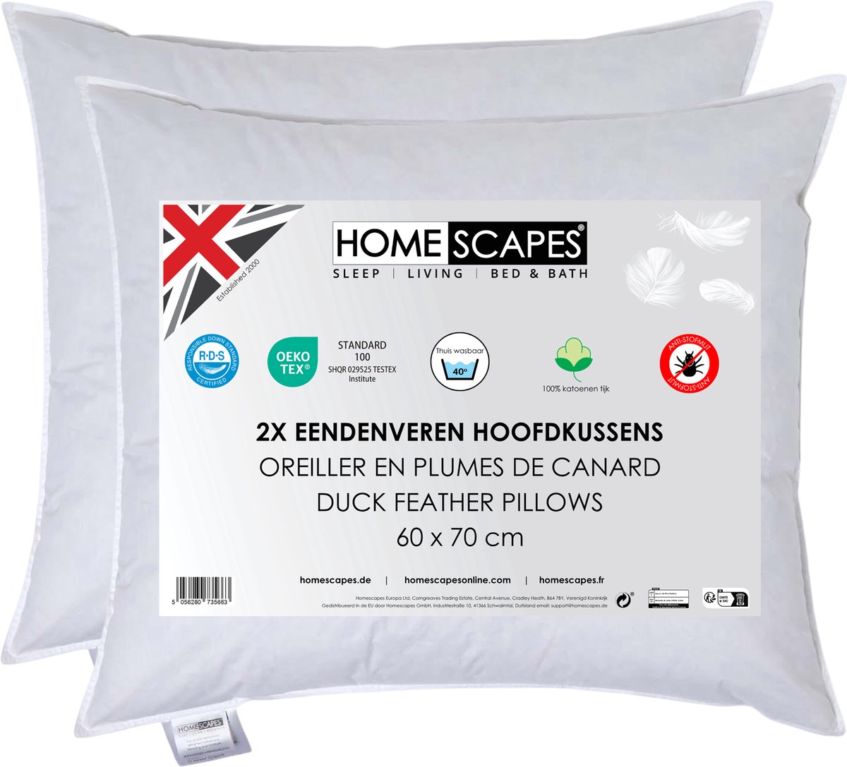 Homescapes Hoofdkussens 60x70 cm – Set van 2 – Medium Zacht – 100% Eendenveren – Anti-Allergisch – Voor Zijslaper & Nekklachten – Oeko‑Tex Gecertificeerd Wit