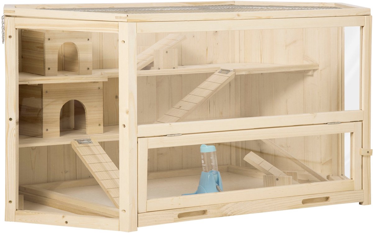Merax Houten Hamsterkooi met Verdiepingen en Uitneembare Bodem – 115x60x55 cm – Knaagdierkooi met Wip en Ramps