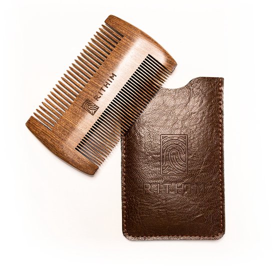 Rithim® baardkam van kersenhout – dubbelzijdig – PU-leren etui