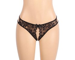 Zwarte Kanten String met Open Kruis – Black Lace Thong with Open Crotch - Sexy Erotische Dames Lingerie – Maat XL