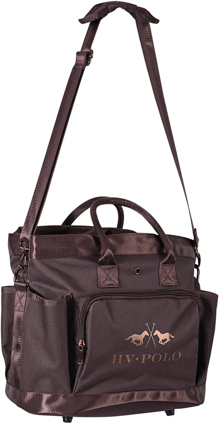 Donkerbruine tas van HV Polo met paardenlogo, draaghengsels en schouderband.